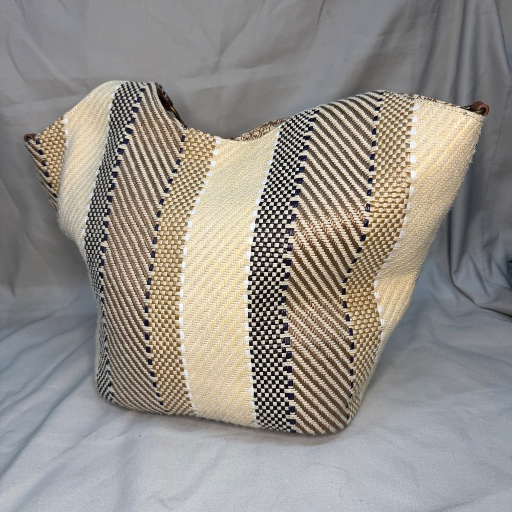 Sakroots Woven Boho Hobo Bag Brown Cream Striped Elephant Print Lining Pocket